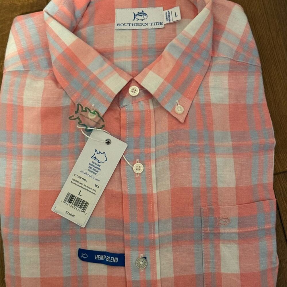 Southern Tide Men's Coral and Blue Plaid Shirt